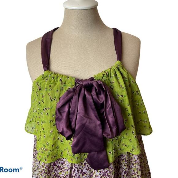 Allen B Green Purple Green Tiered Ruffle Skirt Ribbon Strap Boho Dress Size 4 - Picture 2 of 6